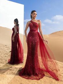 Faeriesty Luxury One Shoulder Sheer Overlay Beaded Formal Evening Dress & Embellished Dress & Beaded Gowns & Evening Gowns Party Wedding Elegant - Burgundy - View 4