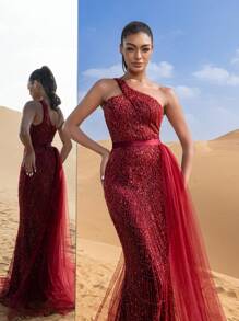 Faeriesty Luxury One Shoulder Sheer Overlay Beaded Formal Evening Dress & Embellished Dress & Beaded Gowns & Evening Gowns Party Wedding Elegant - Burgundy - View 8