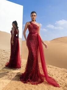 Faeriesty Luxury One Shoulder Sheer Overlay Beaded Formal Evening Dress & Embellished Dress & Beaded Gowns & Evening Gowns Party Wedding Elegant - Burgundy - View 6