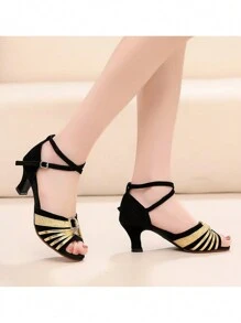 女士拉丁舞鞋，中跟，黑色和金色交谊舞鞋，软底，防滑鞋底，适合青少年和成人 - 金色 - 查看 3