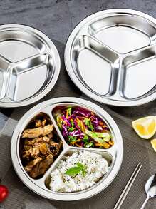 1pc Stainless Steel Multi-Grid Plate, Silver Round Dinner Plate, For Home,Kitchen,Christmas Gift - Silver - View 7