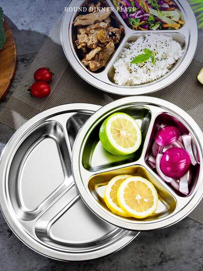 1 件不锈钢多层格盘，银色圆形餐盘，适用于家庭、厨房、圣诞礼物