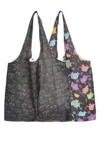 2 件可重复使用的购物袋，带手柄的可折叠手提袋，防水大容量购物袋，适用于旅行野餐露营户外、家居必需品 - 彩色 - 查看 5