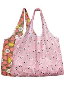 2 件可重复使用的购物袋，带手柄的可折叠手提袋，防水大容量购物袋，适用于旅行野餐露营户外、家居必需品 - 彩色 - 查看 4