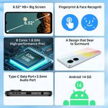 redbeat الهاتف الذكي D5، أحدث نظام أندرويد 14، شاشة HD+ بحجم 6.52 بوصة عالية الوضوح، جسم رفيع وخفيف، ذاكرة وصول عشوائي 3 جيجا بايت ( قابلة للتوسيع إلى 6 جيجا بايت) + ذاكرة داخلية 128 جيجا بايت، كاميرا بدقة 13 ميجا بكسل، بطارية 5000 ملي أمبير، معالج 8 نواة بسرعة 1.6 جيجا هرتز، جسم بتقنية الألوان المتدرجة الخاصة، إلغاء القفل بالبصمة وباستخدام الوجه، منفذ USB-C (الشاحن غير مشمول)