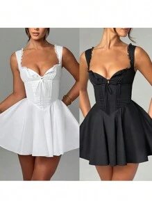 Women's Mini Corset Dress A-Line Deep V Neck Backless Ruffle Hem Sleeveless Dress For Party Club - màu đen - Xem 3