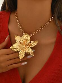 1 件时尚夸张粗珠宝花项链，时尚嘻哈金色 3D 花卉吊坠颈链，非常适合迷人的晚会和杂志拍摄 - 金色 - 查看 3