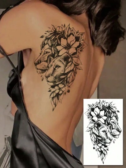 1個 ファッショナブルなライオンとフローラルの一時的な刺青、防水・汗に強い リアルな偽の刺青、ハーブ果汁使用、傷跡をカバーできる、胸、ウエスト、太もも、腕、リスト、背中に適用、男女兼用DIYボディアートデコレーションギフト