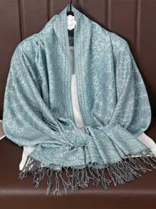 1件装女士时尚保暖佩斯利花纹印花围巾，经典佩斯利头巾和披肩，可搭配阿巴雅长袍。 - 淺藍色 - 查看 3