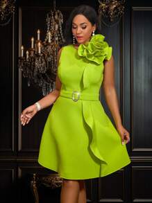 Sukienka damska fluorescencyjna zielona z kwiatem lotosu w kształcie litery A na przyjęcie bankietowe, elegancka koktajlowa półformalna sukienka dla gościa weselnego, na urodziny, ukończenie szkoły, kolację, powrót do domu