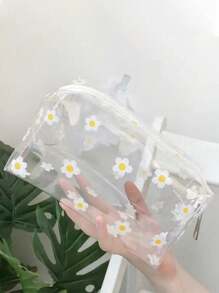 1pc Transparent PVC Pencil Case, Large Capacity Multi-Purpose Bag, Colorful Floral Design, Portable Zipper Storage Pouch For Makeup, Stationery & Accessories,Pencil Pouch,School Bag