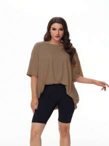 OUTBALL Oversized T Shirts For Women Short Sleeve Crewneck Summer Tops Loose Casual Mama Shirts Basic Tee - Khaki - View 3