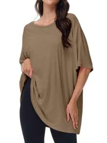 OUTBALL Oversized T Shirts For Women Short Sleeve Crewneck Summer Tops Loose Casual Mama Shirts Basic Tee - Khaki - View 1