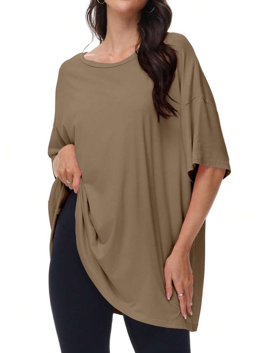 OUTBALL Oversized T Shirts For Women Short Sleeve Crewneck Summer Tops Loose Casual Mama Shirts Basic Tee - Khaki - View 1
