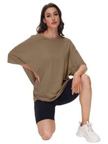OUTBALL Oversized T Shirts For Women Short Sleeve Crewneck Summer Tops Loose Casual Mama Shirts Basic Tee - Khaki - View 4