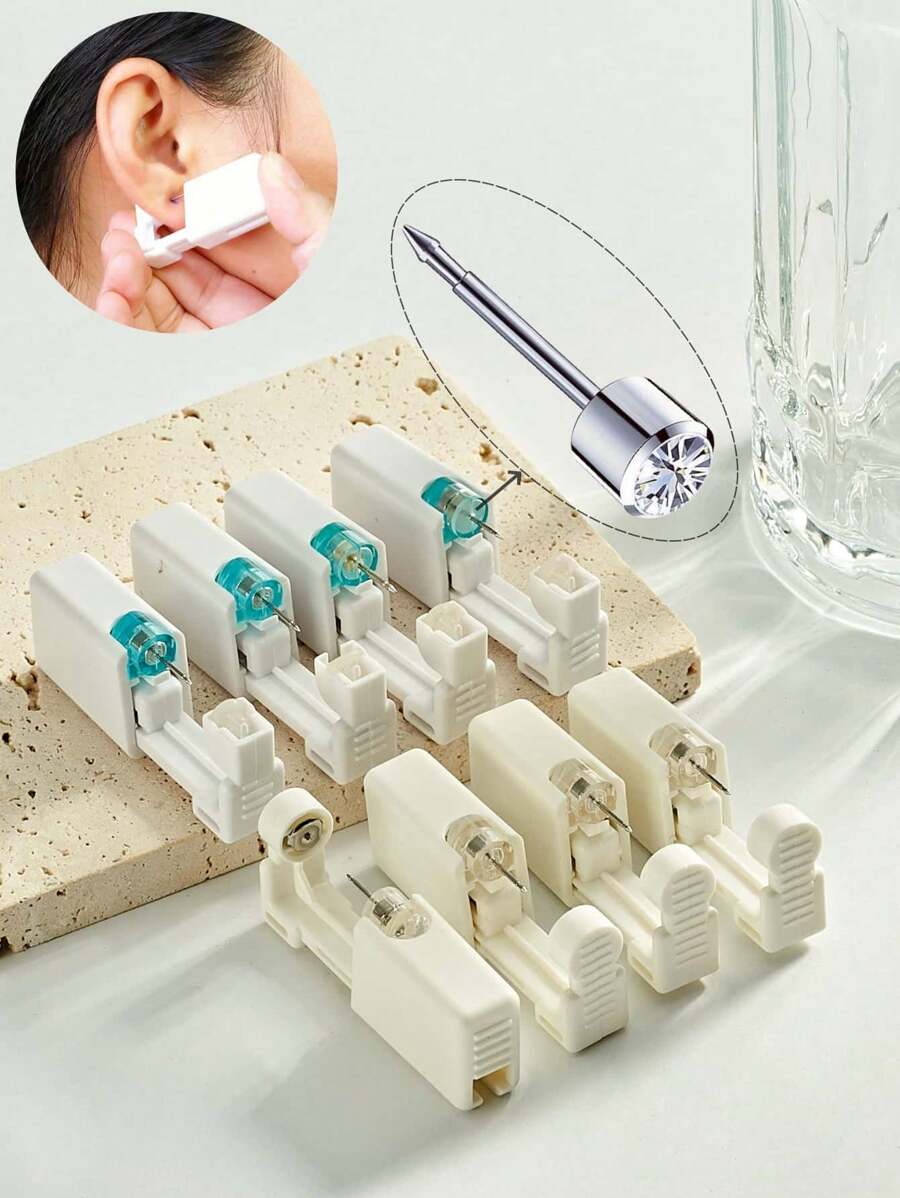 1件/4件装一次性无菌无痛穿耳工具，一次性低痛穿耳枪，含镶嵌白色氧化锆耳环，耳部美容工具及配件，健康无菌穿耳套装，耳环，鼻环穿耳枪套装 - 彩色 - 查看 1
