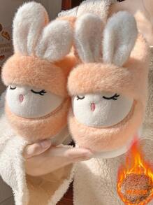 可爱兔子装饰 2024 女士室内拖鞋，低跟优雅圆头一脚蹬保暖家居鞋，适合日常休闲穿着，秋冬季 - 橘色 - 查看 3