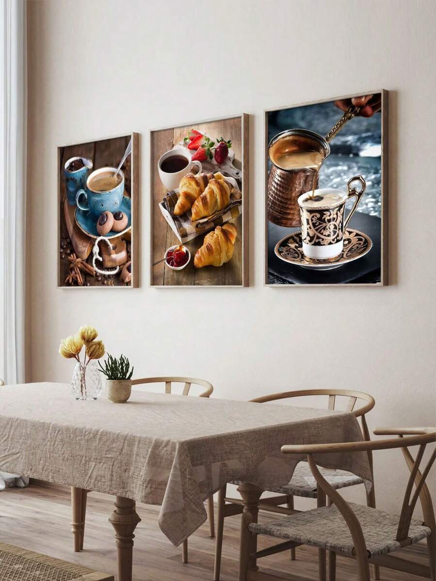 3pcs/Set Unframed Creative Canvas Poster, Modern Stylish Bread & Coffee Painting, Printed Canvas Wall Art Set, Artwork Wall Painting For Gift, Bedroom, Office, Living Room, Wall Decor, Home And Dormitory Decoration - Multicolor - View 1