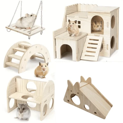 1 st trähamster gömma leksak, hamster stuga glidgunga tillbehör, lätt att montera - lämplig för små hamstrar
