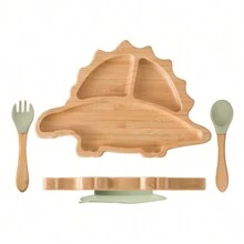 1Set Customized Baby Bamboo Wooden Tableware Set Dinosaur Bamboo Wooden Plate Personalized Name Silicone Suction Newborn Feeding Dinnerware Wooden Handle Fork Spoon Feeding Supplies For Children Tableware Suction Newborn Custom Gift Setback To School Winter Gift Ideas Boy Girl Valentine's Day - Multicolor - View 16