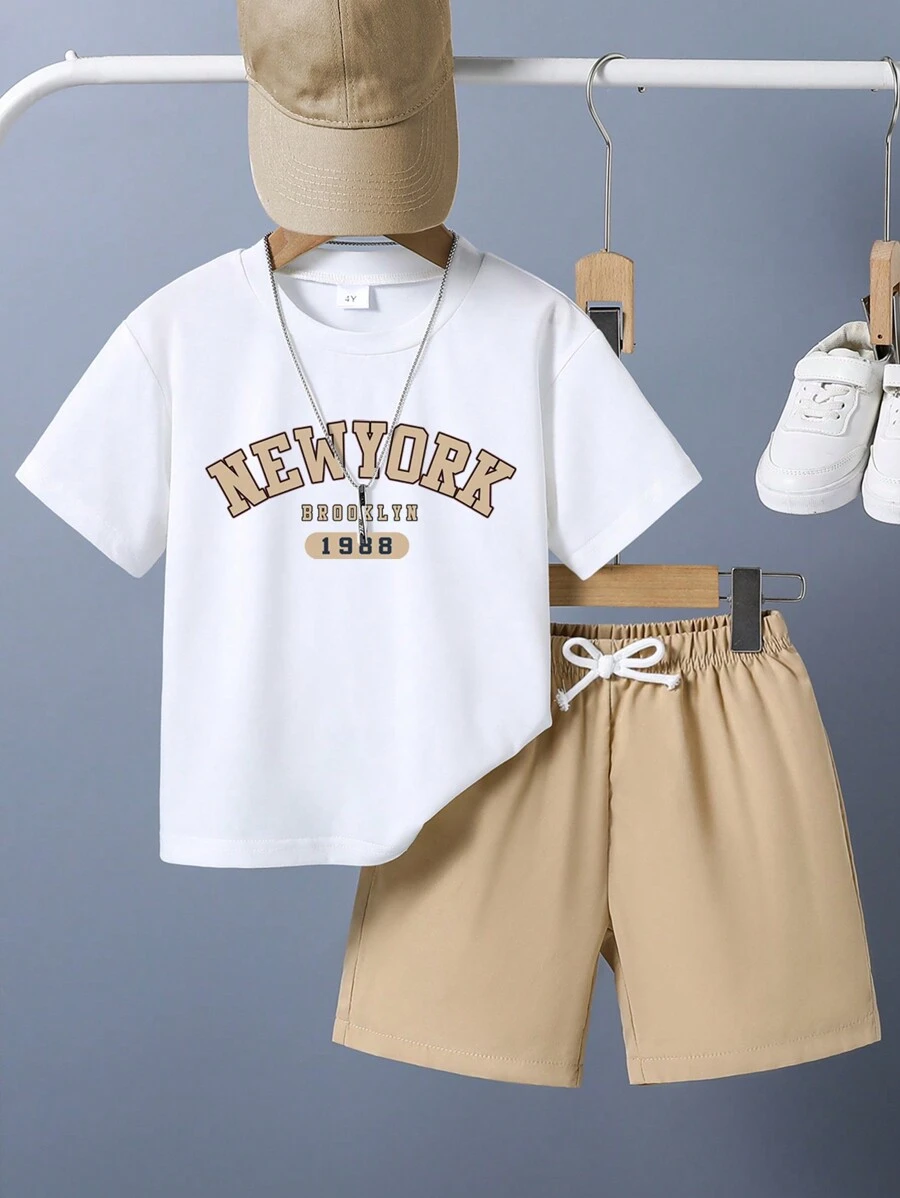 Toddler Kids Letter Print Short Sleeve T-Shirt & Shorts Summer Outfit Set - Khaki - View 1