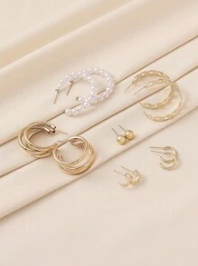 Bộ 6 đôi khuyên tai tròn hình học tua rua kim loại màu vàng hình ngôi sao ngọc trai, phù hợp với phụ nữ, phong cách đường phố thời trang, hẹn hò, hộp đêm, trang phục hàng ngày - Nhiều màu - Xem 13