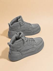 男士经典纯色网眼拼接字母印花高帮休闲滑板鞋，户外时尚百搭男女大码情侣运动鞋，适合散步 - 灰色 - 查看 2