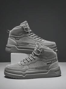 男士经典纯色网眼拼接字母印花高帮休闲滑板鞋，户外时尚百搭男女大码情侣运动鞋，适合散步 - 灰色 - 查看 1