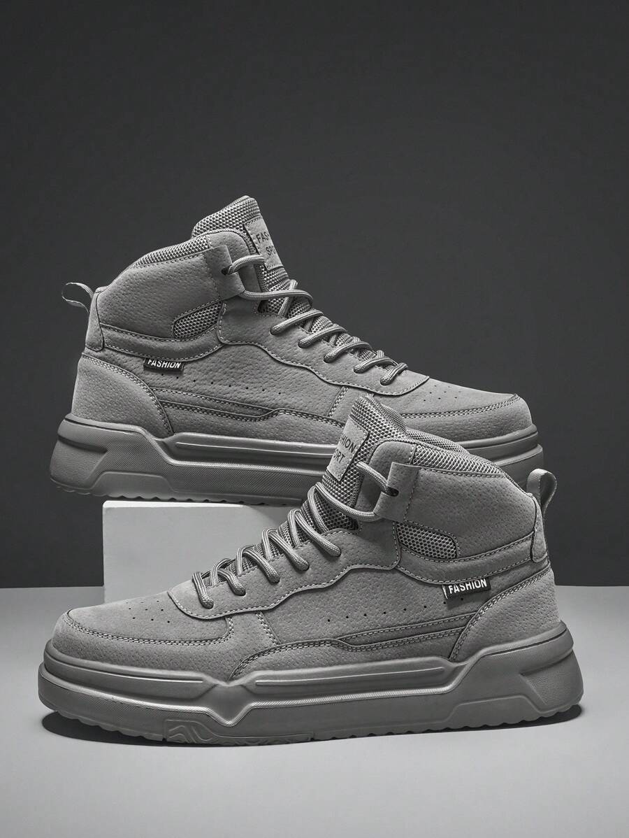男士经典纯色网眼拼接字母印花高帮休闲滑板鞋，户外时尚百搭男女大码情侣运动鞋，适合散步 - 灰色 - 查看 1