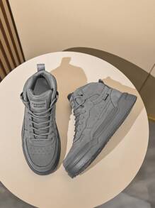 男士经典纯色网眼拼接字母印花高帮休闲滑板鞋，户外时尚百搭男女大码情侣运动鞋，适合散步 - 灰色 - 查看 4