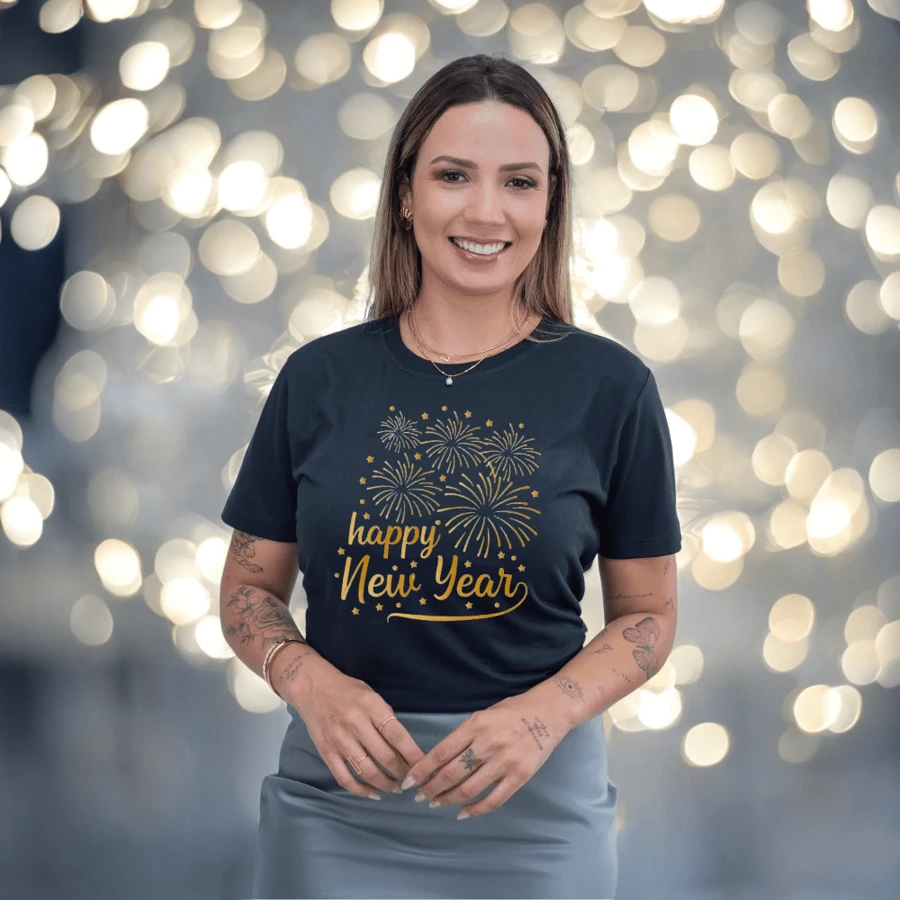 New Year T-Shirt "Happy New Year Fireworks" Personalized New Year T-Shirt Happy New Year - 黑色 - 查看 1