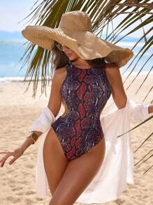 Snake Skin Print Hollow Out One-Piece Swimsuit, Sexy Backless Design For Beach Vacation, Summer