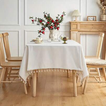 Tokoto 1 szt. Boho Style Minimalistyczny Prostokątny Obrus Z Mieszanki Poliestru, Biały Z Beżowymi Frędzlami Dekoracja, Mata Jadalna Do Dekoracji Świątecznej, Kuchnia, Jadalnia, Hotel Party, Nadaje Się Na Wszystkie Pory Roku