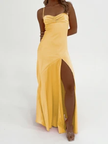 Ruched Sleeveless Formal Gown With Slit Thigh And Spaghetti Straps For Special Occasions - Yellow - View 4