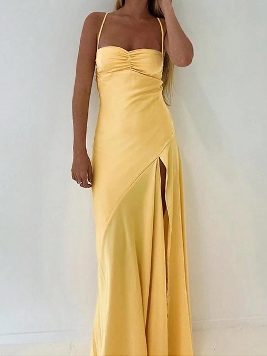 Ruched Sleeveless Formal Gown With Slit Thigh And Spaghetti Straps For Special Occasions - Yellow - View 1