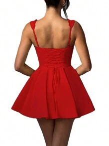 Women's Mini Corset Dress A-Line Deep V Neck Backless Ruffle Hem Sleeveless Dress For Party Club - Red - View 4