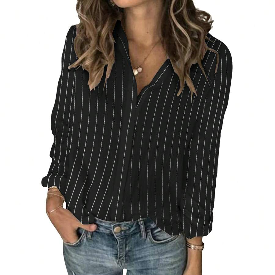 Womens Long Sleeve Button Down Cotton Linen Shirt Blouse Loose Fit Casual V-Neck Tops - Black - View 1