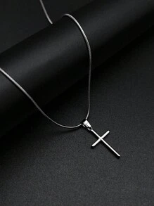 1pc Elegant French Chic Oil Pressed 3D Stainless Steel Cross Pendant Necklace, Luxury Minimalist Design, Versatile Holiday Jewelry - Silver - View 11