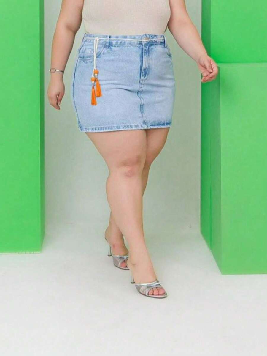 Women's Plus Size High Waist Short Denim Skirt With - 藍色 - 查看 1
