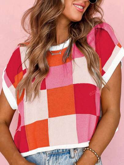 Women's Colorful Plaid Crop Tops Crew Neck Short Sleeved Fashion Casual Cable Jumper Batwing Checkerboard Contrast Color Block Cap Pullover Knit Sweater T-Shirt, Spring Summer Fall Winter