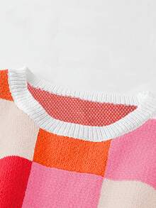 Áo croptop kẻ caro nhiều màu sắc dành cho nữ của Marysol, cổ tròn, tay ngắn, kiểu dáng thời trang thường ngày, chất liệu phối màu tương phản, tay cánh dơi, áo thun dệt kim chắp vá, thích hợp cho mùa Xuân/Hè/Thu/Đông. - Nhiều màu - Xem 4
