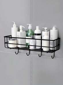 1 pieza Estante de pared para baño/cocina, Estantería de almacenamiento adhesiva con cesta para decoración de habitación - Negro - Ver 1