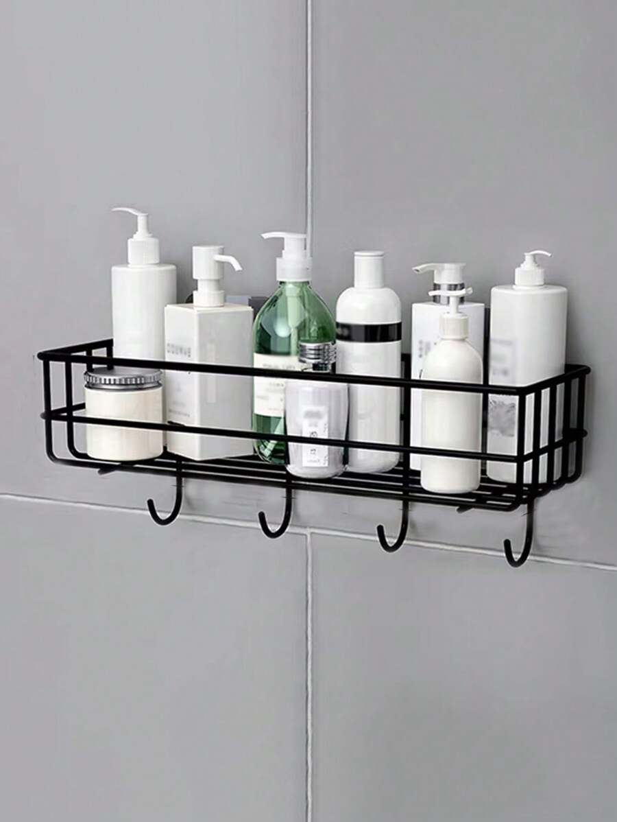 1 pieza Estante de pared para baño/cocina, Estantería de almacenamiento adhesiva con cesta para decoración de habitación - Negro - Ver 1