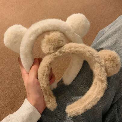 1个可爱毛绒熊耳发箍，女士时尚头巾，可用于戴口罩或洗脸，秋冬季家居浴室装饰，秋季装饰，返校季发饰