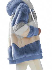 Womens 2025 Winter Fuzzy Fleece Jacket Hooded Color Block Patchwork Cardigan Coats Outerwear With Pockets - Blue - View 3