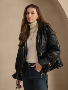 ZIAI High End Solid Color Quilted Hooded Metal Button Winter Short Padded Coat - Black - View 5