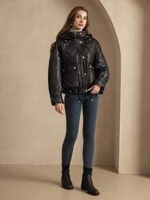 ZIAI High End Solid Color Quilted Hooded Metal Button Winter Short Padded Coat - Black - View 6