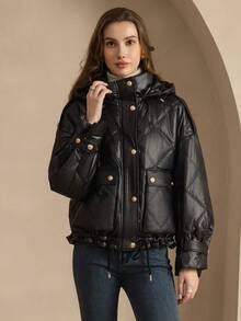 ZIAI High End Solid Color Quilted Hooded Metal Button Winter Short Padded Coat - Black - View 4
