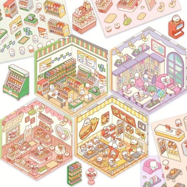 16/4pcs 3D Cartoon House Wall Stickers Decals, Suitable For Adults, Rabbit Bakery And Supermarket Stickers Set - Self-Adhesive Art, Mixed Colors, Art And Crafts Supplies For Creative Landscape Decoration