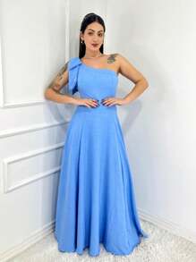 Long Luxury Plain Linen Dune Dress With One Shoulder Bow - 淺藍色 - 查看 2